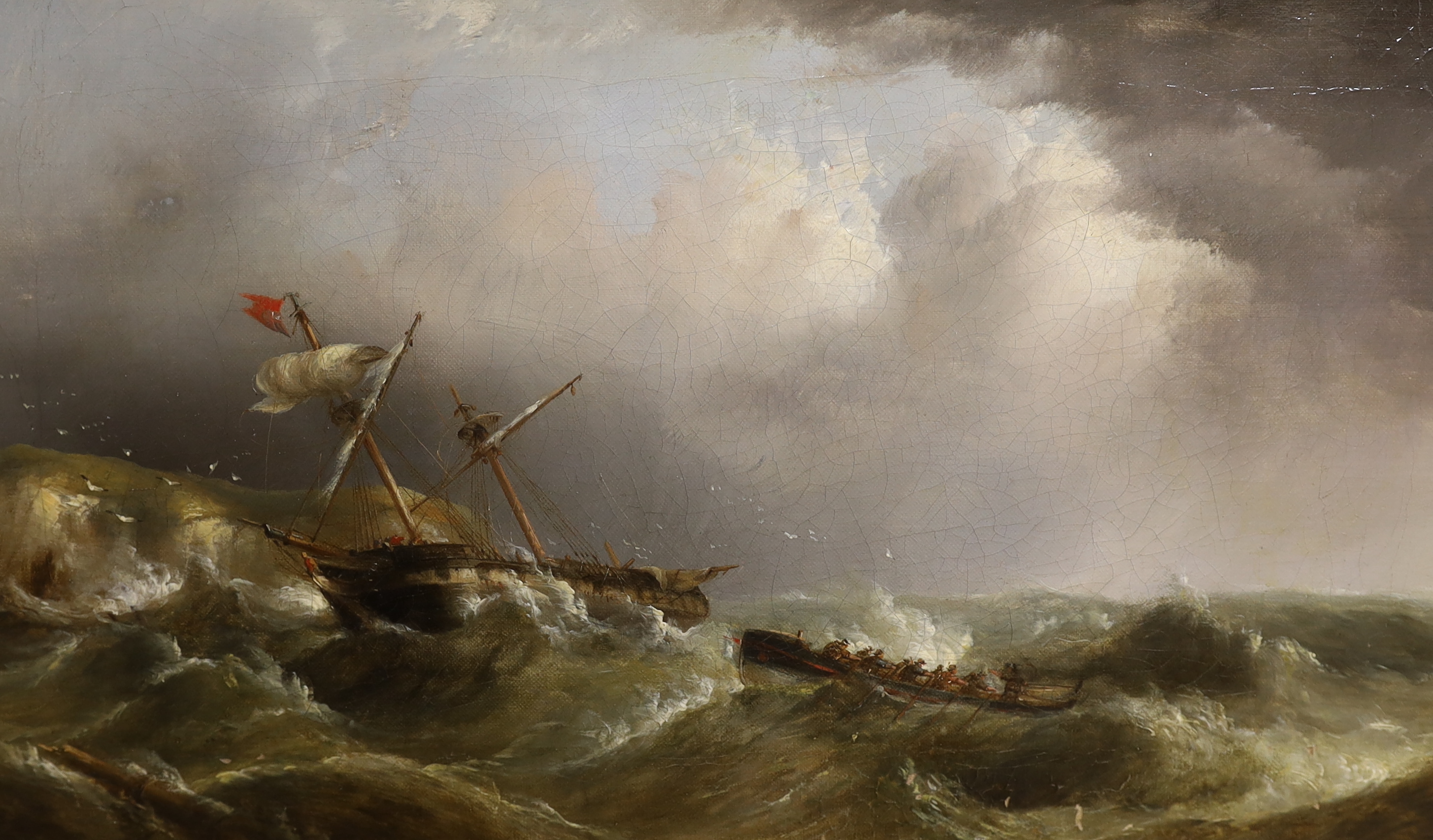 19th century School, pair of oils on board, Shipwreck scenes, unsigned, 29 x 49cm